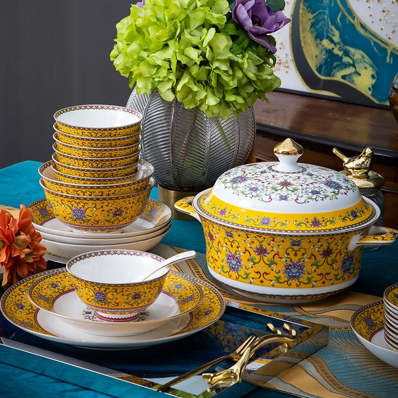 60 keramični izdelki, visoko-kakovostni razred imperial rumenega emajla posode, Kitajski ročno poslikano Phnom Penh skledo in jed niz, dar, ki ga daje Slike 0