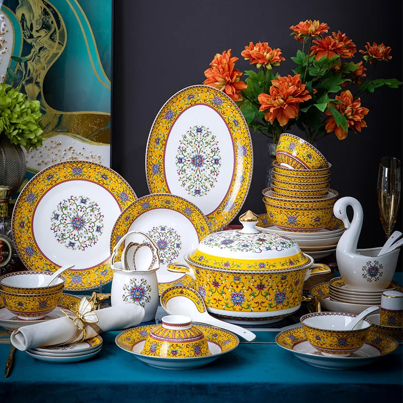 60 keramični izdelki, visoko-kakovostni razred imperial rumenega emajla posode, Kitajski ročno poslikano Phnom Penh skledo in jed niz, dar, ki ga daje Slike 1