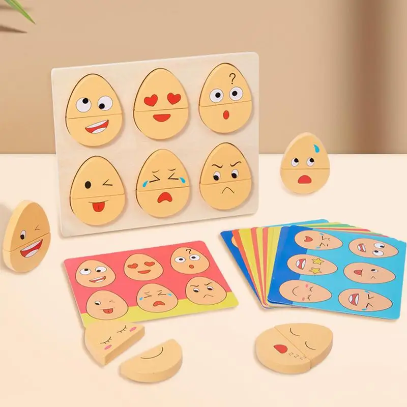 Jajce Izraz Ujemanje Blok Lesene Puzzle Igra Montessori Začetku Izobraževalne Igrače Staršev Otrok Interakcije Igrače Za Dojenčke 1-3 Slike 1