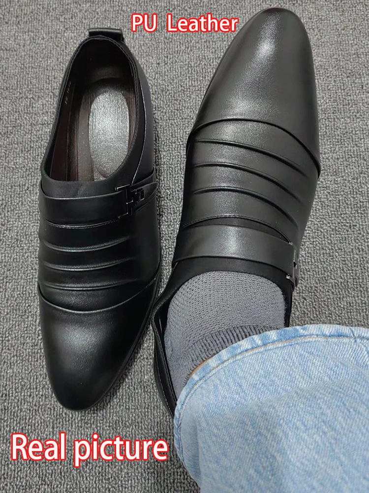 Klasičen Moški Obleko Čevlje Zdrsne na Črni Usnjeni Čevlji za Moške Plus Velikost Točke Toe Business Casual Moški Formalno Čevlje za Poroko Slike 4