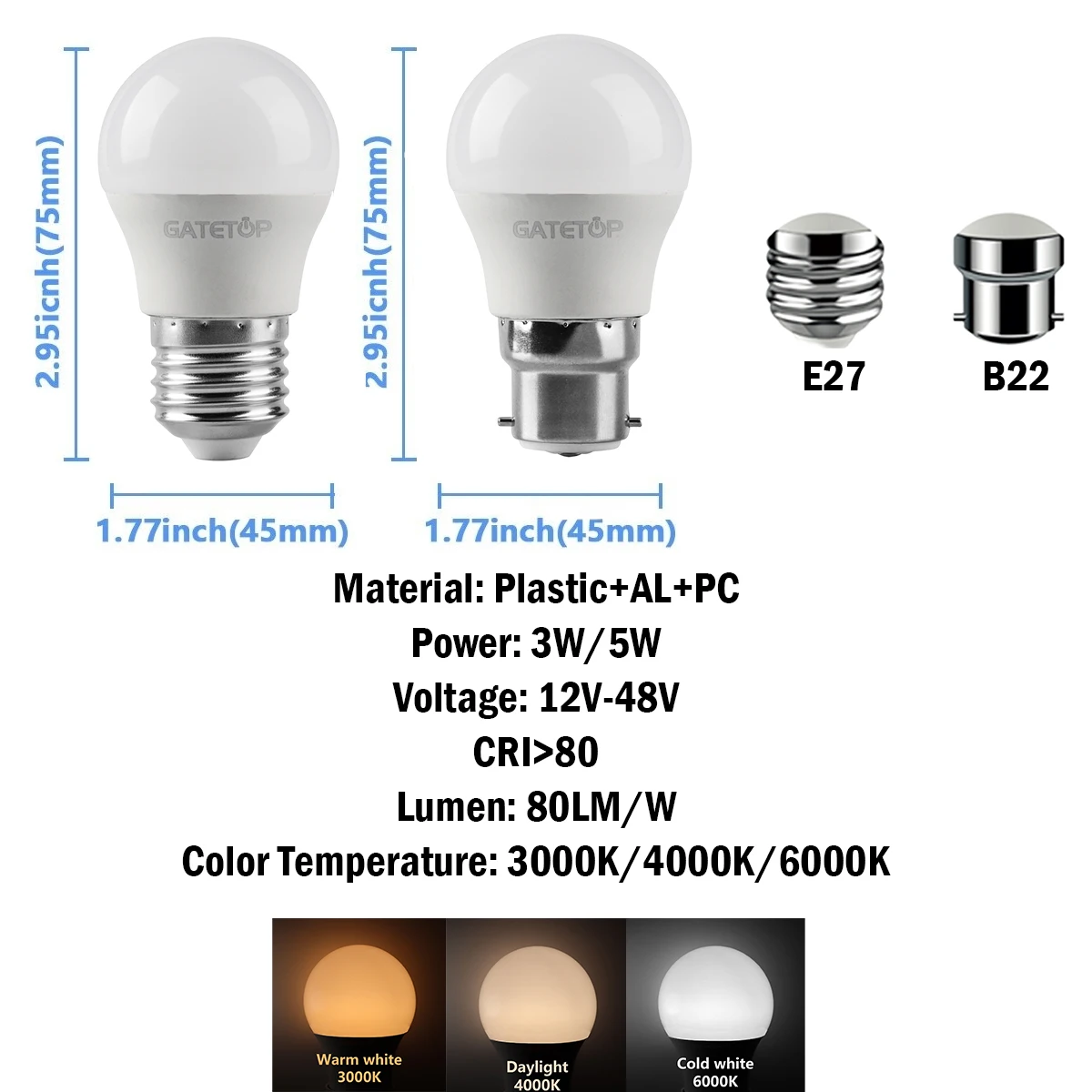 LED Nizko Napetost Žarnice G45 AC/DC12V-48V E27 B22 Visoko Lumen 3000K/4000K/6000K Svetlobe, 3W/5W za Dom in Drugih Notranjost Razsvetljava Slike 1